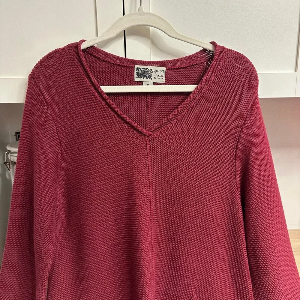 Habitat Clothes To Live In Sweater Womens M Red V-Neck Knit Pocket Asymmetrical